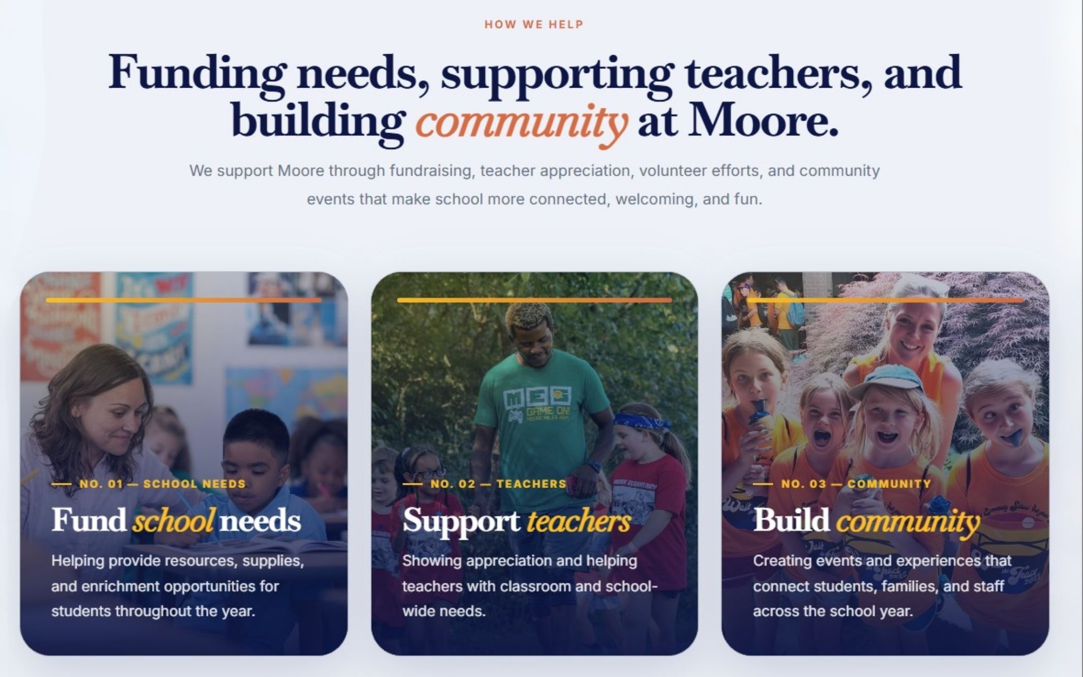 Moore Volunteers homepage showing clear action paths for volunteering, sponsorship, giving, sharing, and resources