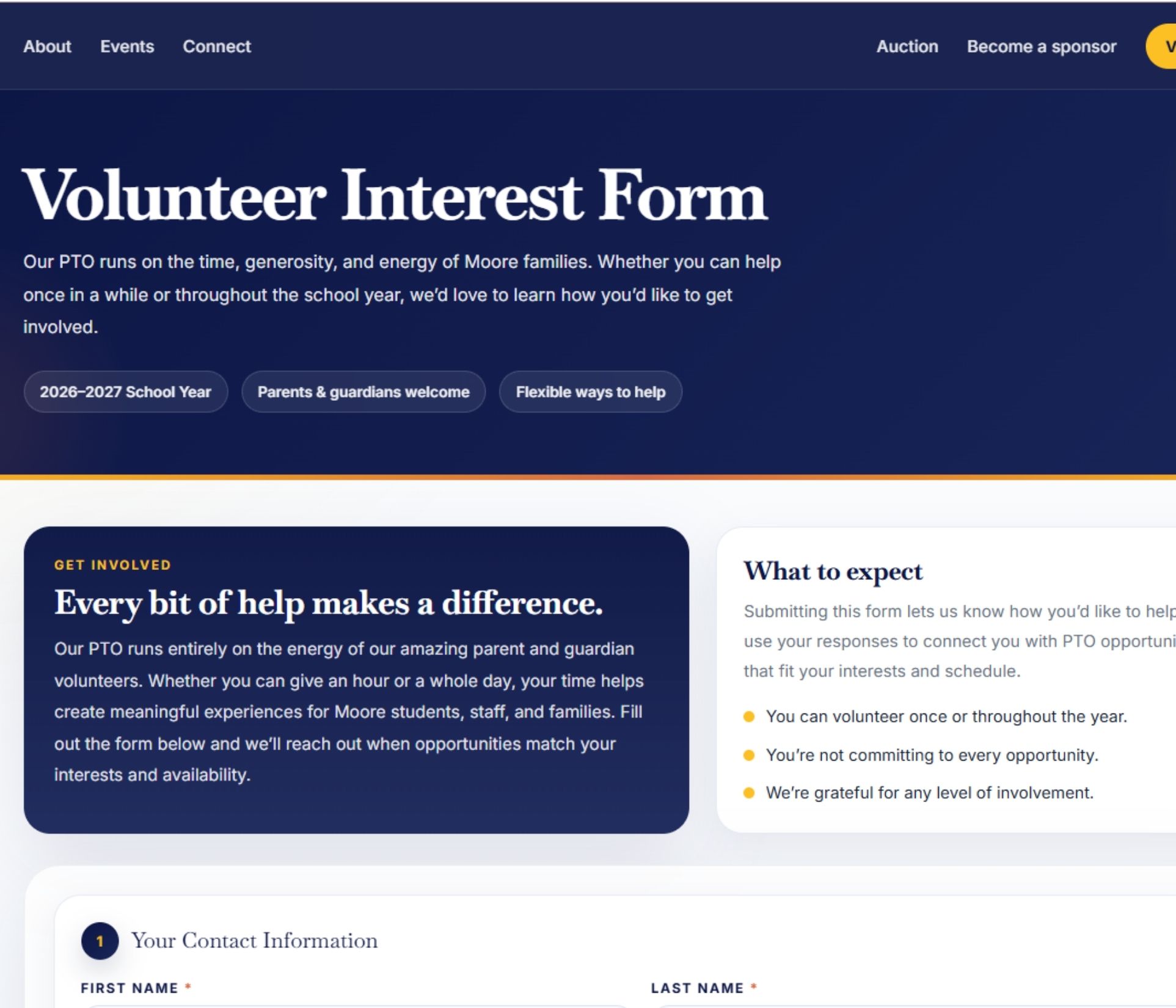 Moore Volunteers volunteer interest form with interest areas and availability fields